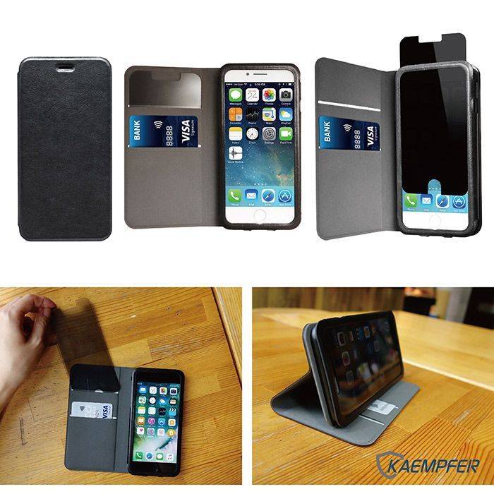 [Kaempfer] All-in-one 可移式防窺手機立架卡匣側掀皮套 (皮革黑)