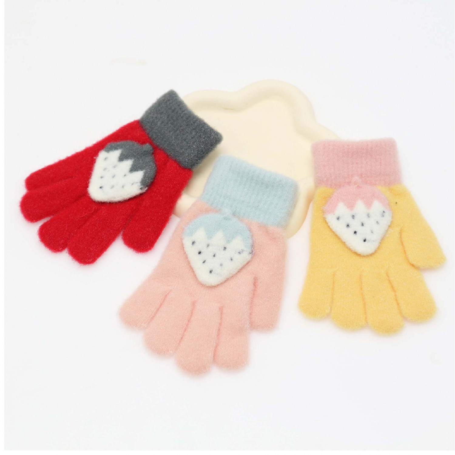 草莓加絨針織兒童手套｜仿貂絨/3-12歲兒童