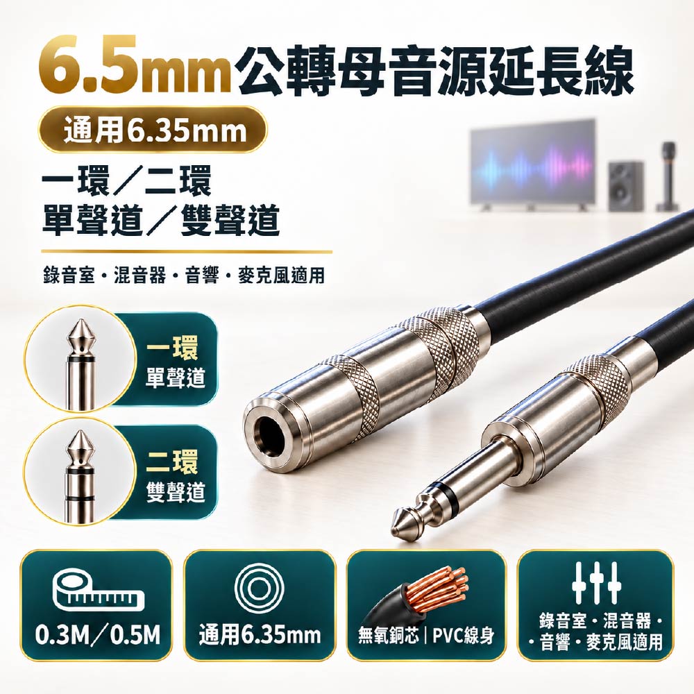 6.5mm(通用6.35)公轉母音源延長線｜一環/二環｜0.3~0.5米｜單雙聲道