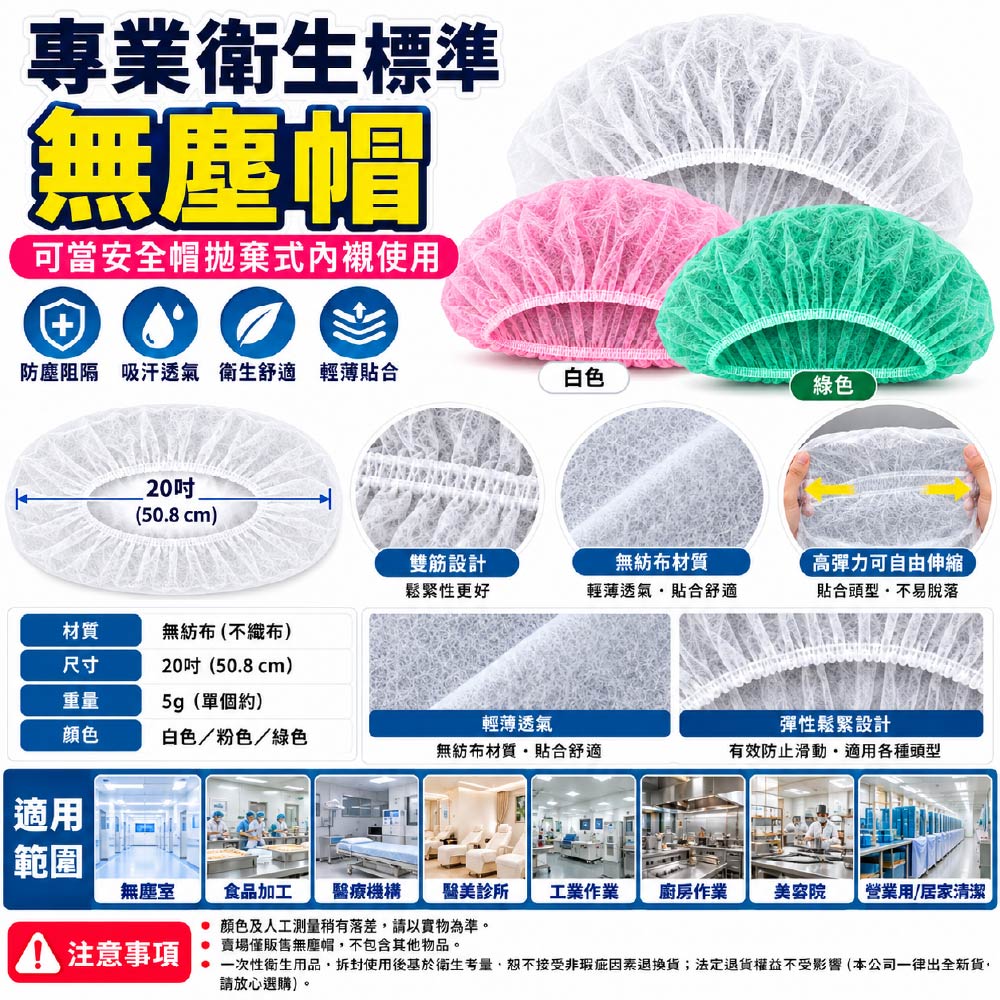 專業衛生標準無塵帽｜雙筋條/無紗布