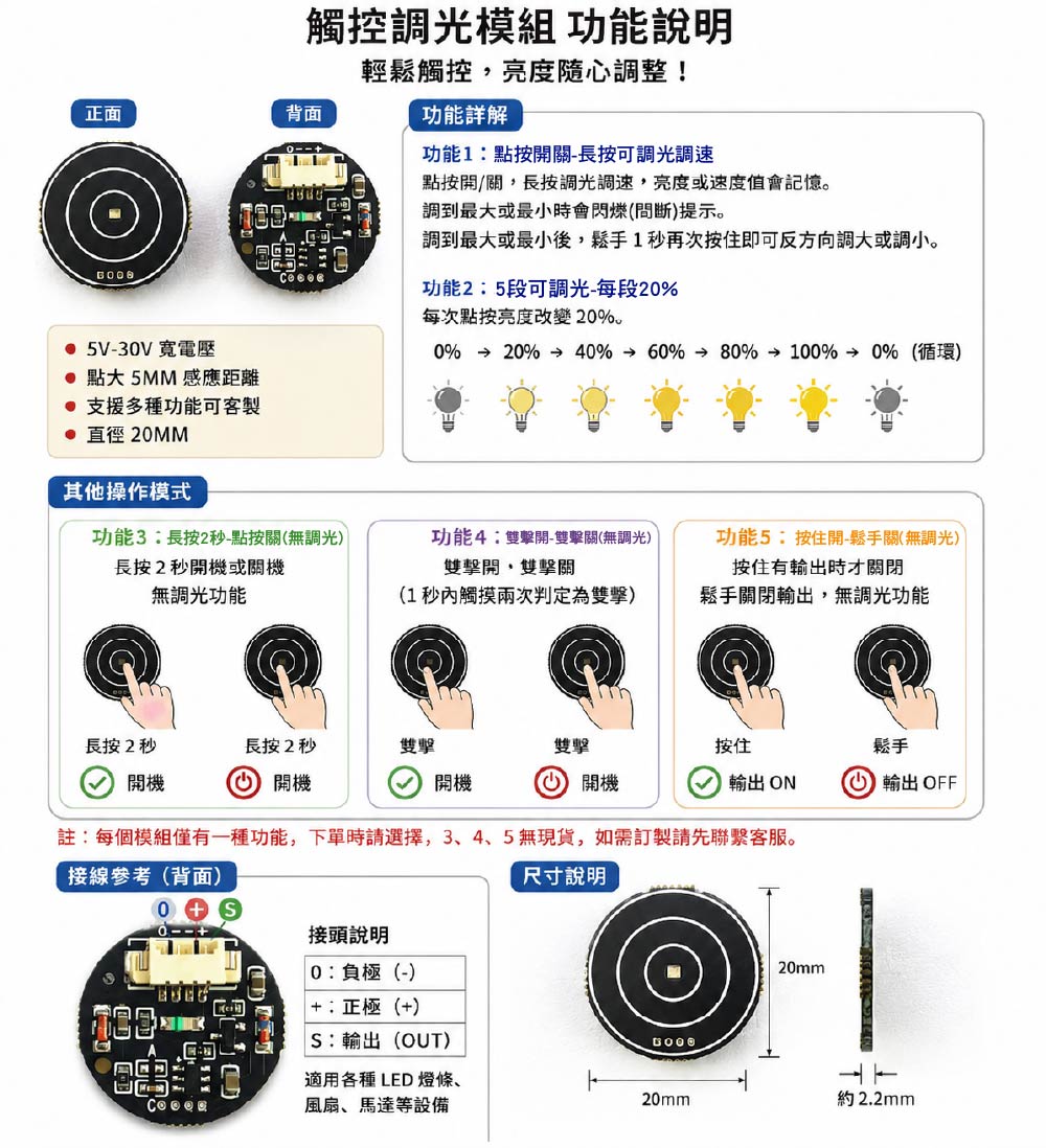 5V-30V 迷你電容式觸控感應開關模塊｜可調光/無調光