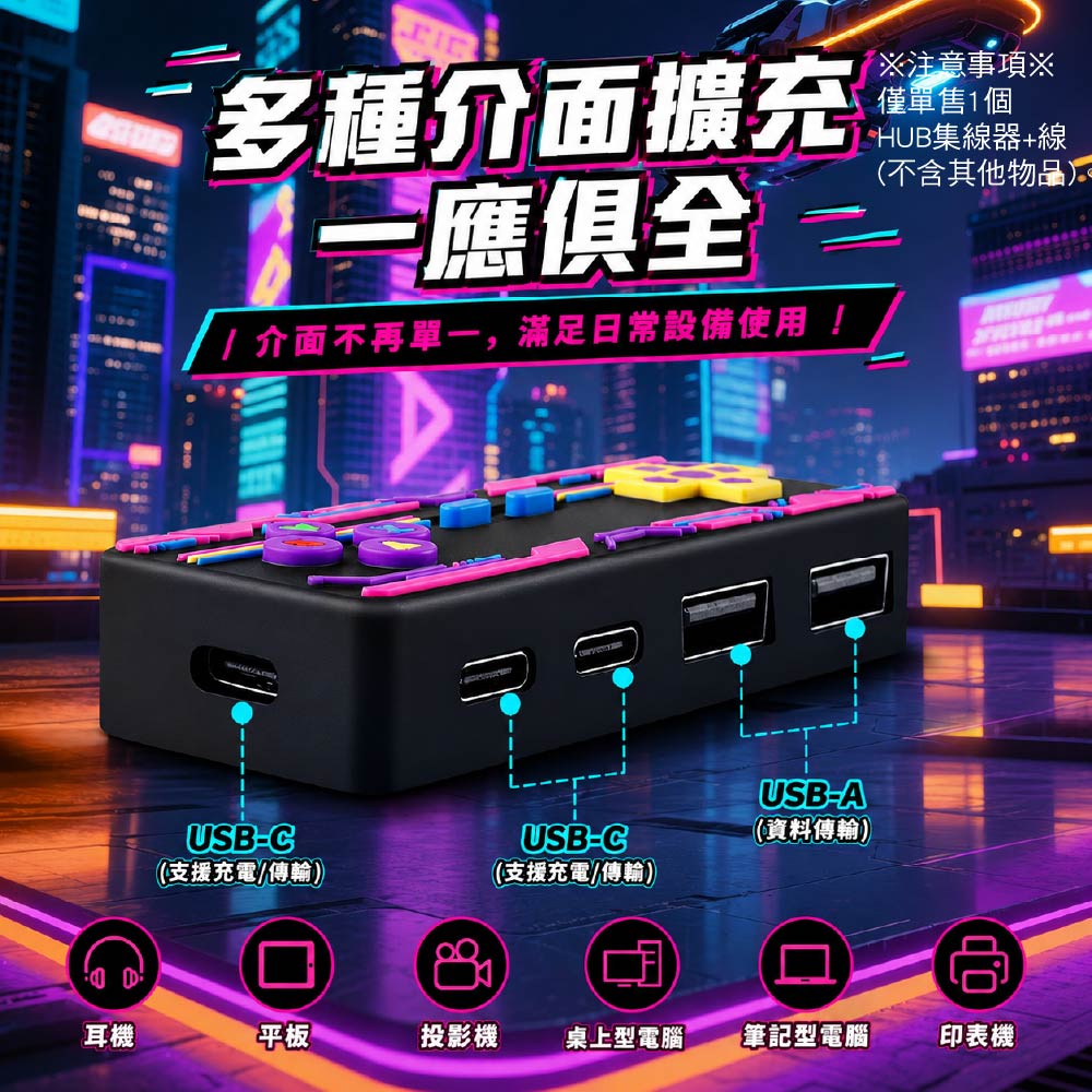 TypeC/USB2.0復古遊戲機HUB集線器|4孔|附30cm線 TypeC/USB2.0復古遊戲機HUB集線器|4孔|附30cm線