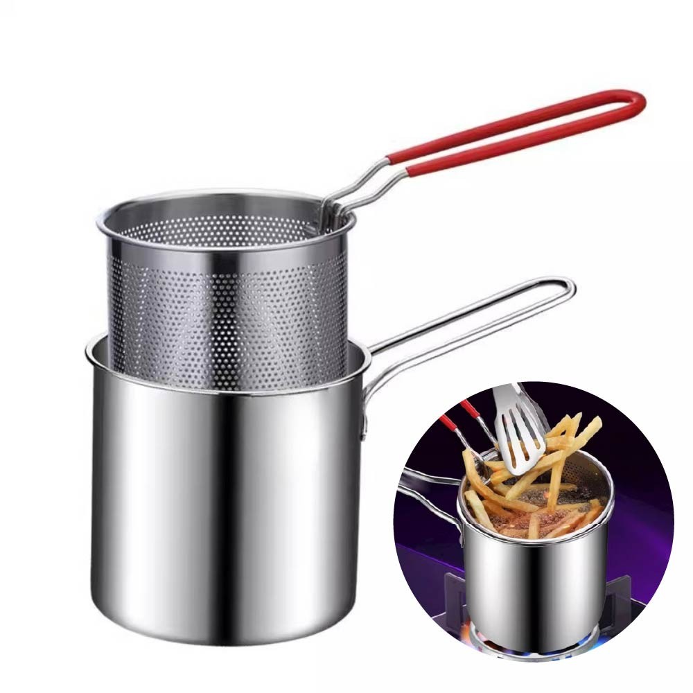 廚神料理食品級不鏽鋼家用加高迷你油炸鍋｜附油炸籃｜可電磁爐瓦斯爐用